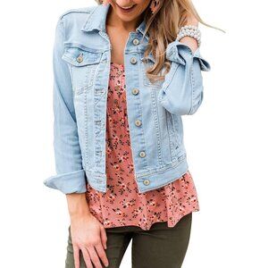Women's Basic Long Sleeves Button Down Fitted Denim Jean Jacket A1 Light Blue